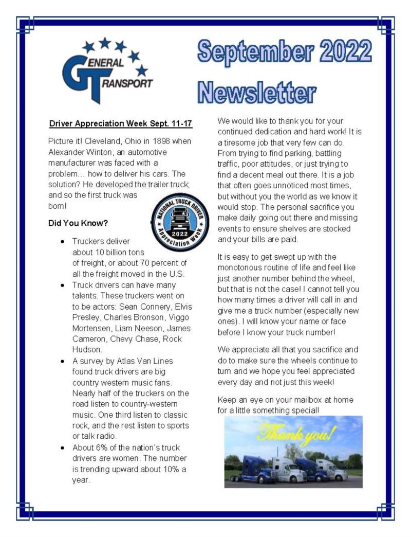 General Transport September 2022 Newsletter